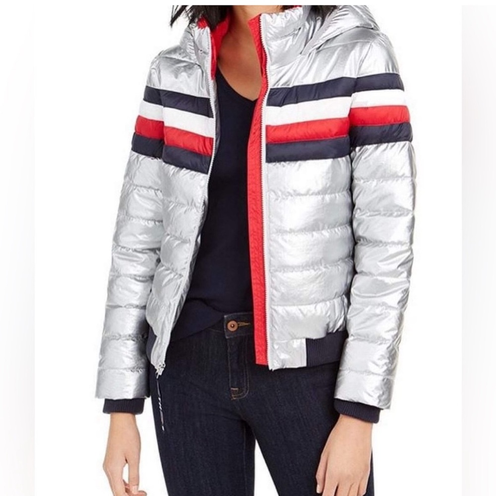 Tommy Hilfiger Women's Foil Puffer Coat - Silver Size Small
